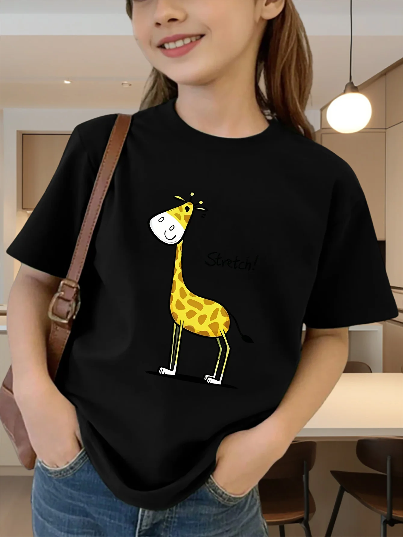 Cute Giraffe Cartoon Letter Print Graphic Kids Tee Boys Girls Family Matching Cotton Crew Neck Short Sleeve Soft Summer Tee