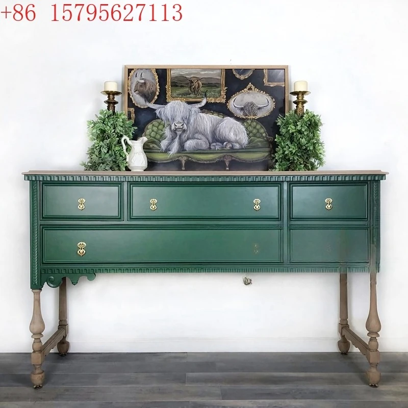 

Solid wood carving flower retro entrance cabinet American rural entrance hall side cabinet living room light luxury decorative