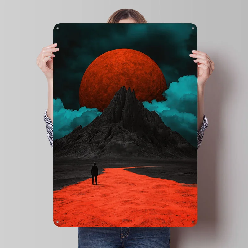 Roter Mond Landschaft Metallposter Individuelle Wandkunst Retro Vintage Blechschilder für Männerhöhle Gamer-Zimmer Dekoration Gemütliches Zuhause Schild