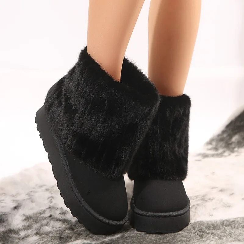 Botas de nieve cálidas y gruesas para mujer, botas de punta redonda, botas de moda, mangas térmicas de gamuza de tacón medio, zapatos de invierno, nueva moda