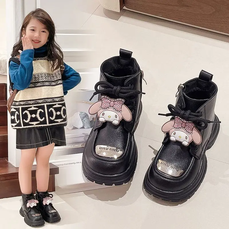 2024 Kuromi My Melody Girls Martin Boots Sanrio Kawaii Anime Cotton Boots Cute Cartoon Baby stivali singoli regalo in pelle per bambini