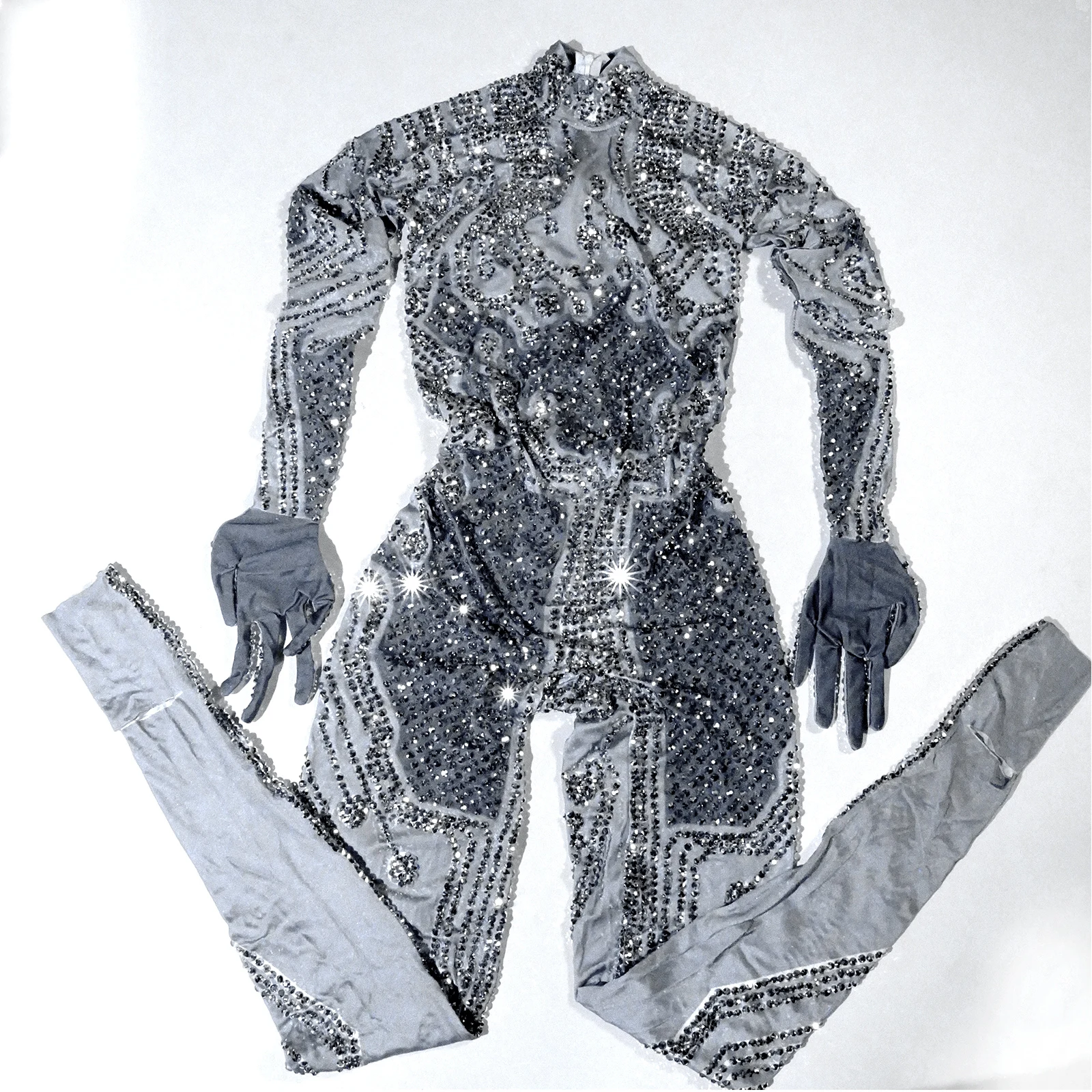 

Sexy Luxury Rhinestone Grey Jumpsuit Sliver Long Bodysuit Birthday Party Nightclub Drag Queen Outfit Dance showStage Performance