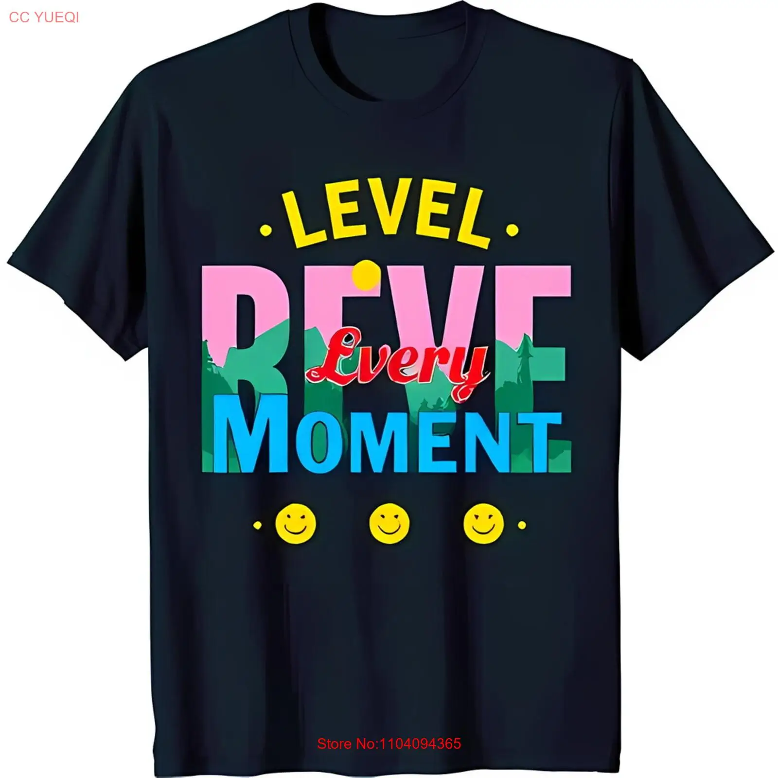 Colorful Graphic Black T-Shirt with Bold 'Level ReVe Every Moment' Text