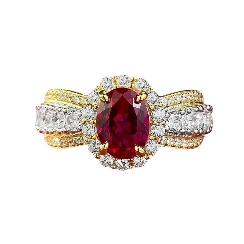 

S925 Sterling Silver 6x8MM Ruby Full Diamond Ring, High Jewelry Wedding Engagement Party Anniversary Birthday Gift