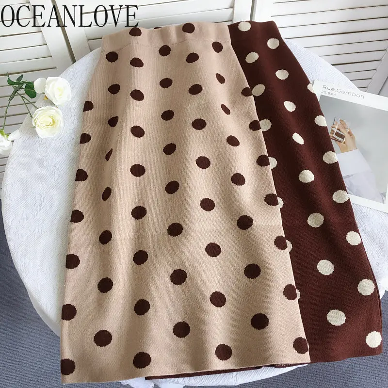 

OCEANLOVE Polka Dot A-line Faldas Mujer Knitted High Waist Autumn Winter Women Skirts Elegant Sweet Elegant Retro Jupe Femme