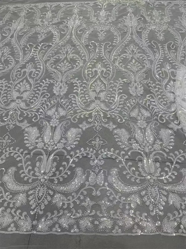 

White Beaded Fabric French Sewing Fabrics 2025 Exquisite Sequins Lace Fabrics For Wedding Dress Lace Fabrics