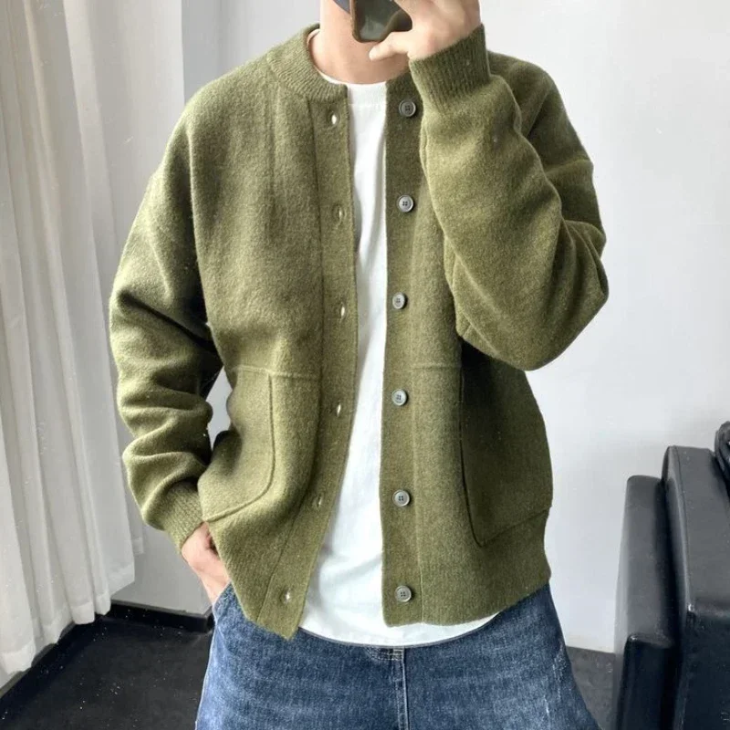 Knit Sweater Male Green Cardigan Men's Clothing Fleeced Sweatshirts Old New in Order Jumpers Y2k Streetwear Warm Tops Neck