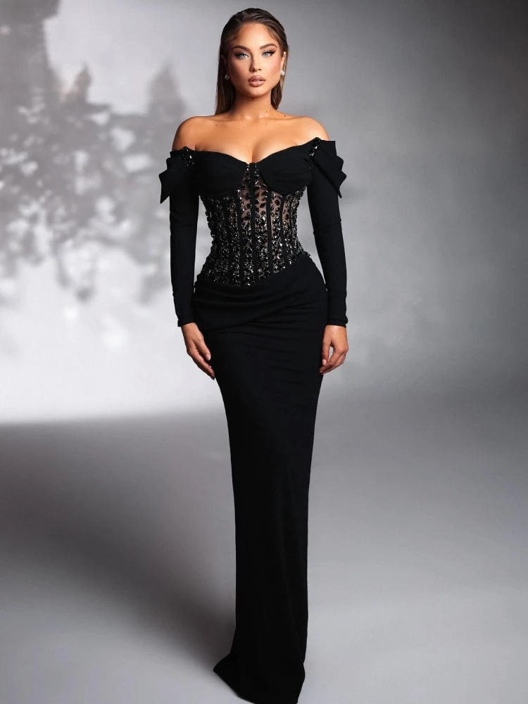 Sexy Off The Shoulder Mesh Patchwork Diamond Long Dress Women Black Velvet Long Sleeve Crystal Long Dresses Celebrity Party Gown