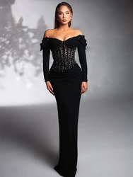 Sexy Off The Shoulder Mesh Patchwork Diamond Long Dress Women Black Velvet Long Sleeve Crystal Long Dresses Celebrity Party Gown