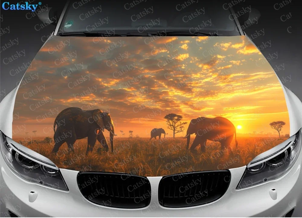 Elephants with Sunset Car Hood Vinyl Stickers Wrap Vinyl Film Engine Cover Decals Sticker Car Hood Protective Film