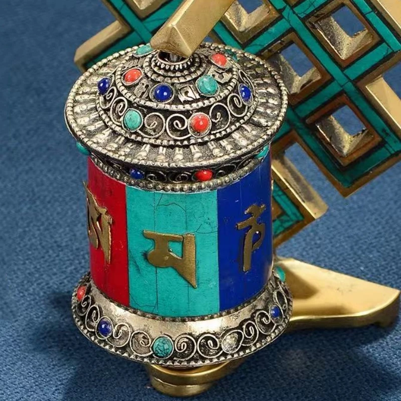 Tibetan Prayer Wheel,Painting Bronze Vajrayana Prayer Wheel Six Characters Guanyin Heart Mantra Altar Decorative,Buddhist Item