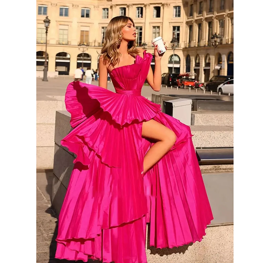 Chic Strapless Party Dresses for Women 2024 Fashion Sleeveless Tiered Pleat Draped Prom Gowns Formal A-Line Evening Dresses