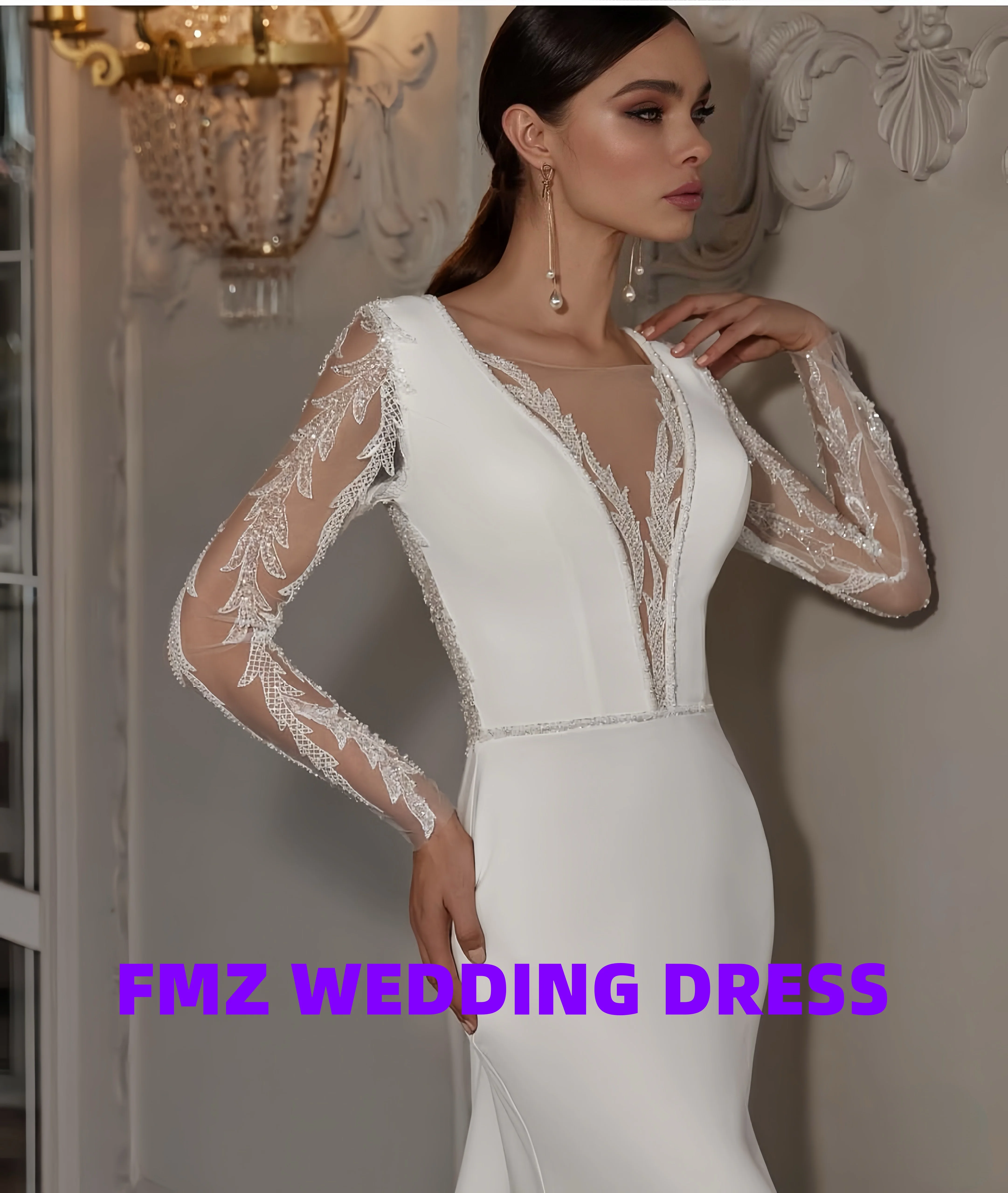 Maßgeschneidertes Ballkleid mit O-Ausschnitt, Satin-Applikationen, Knopf-Ausschnitt, Sweep-Zug, bodenlang, Meerjungfrau, formell für Damen, Vestidos de Novia