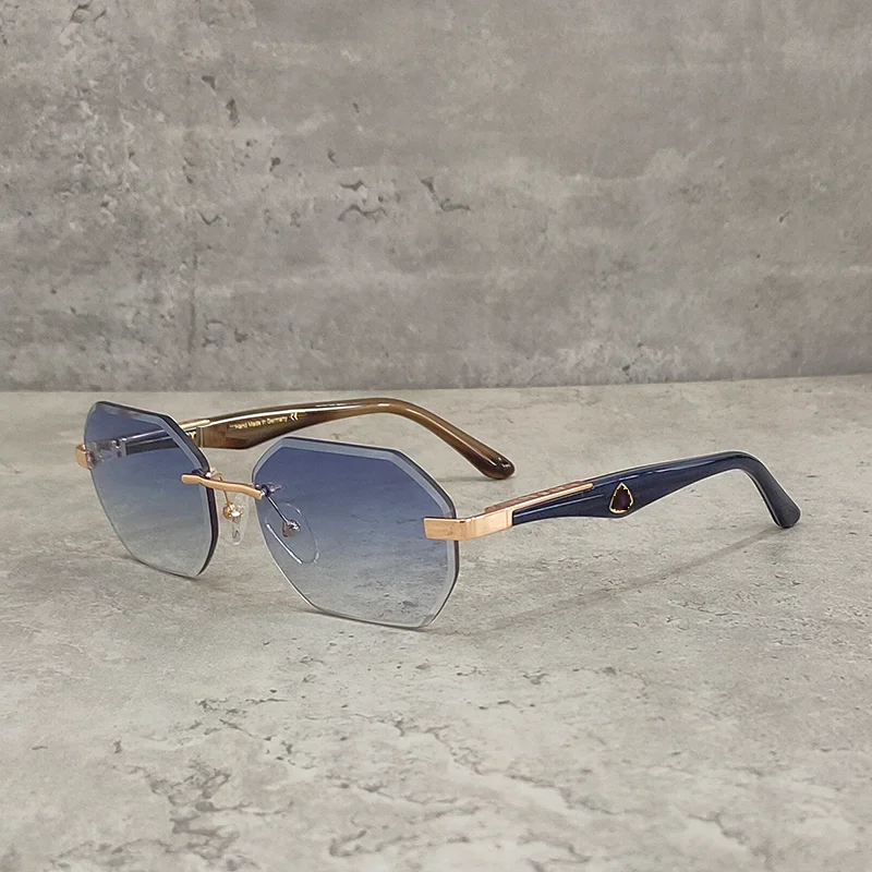 

Classic Men's Diamond Cut Rimless Sunglasses High Street Gradient Blue Square Sunies Male Top Quality Acetate Solar Glasses