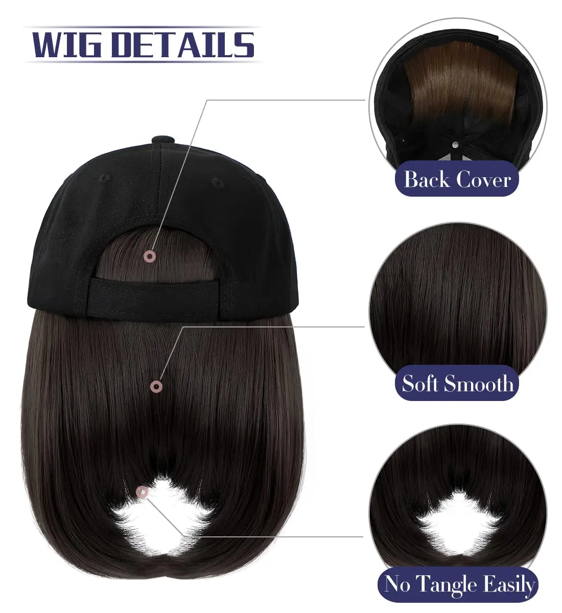 قبعة LUPU للنساء، قبعة بيسبول مع وصلات شعر صناعية قصيرة مستقيمة مرفقة للنساء