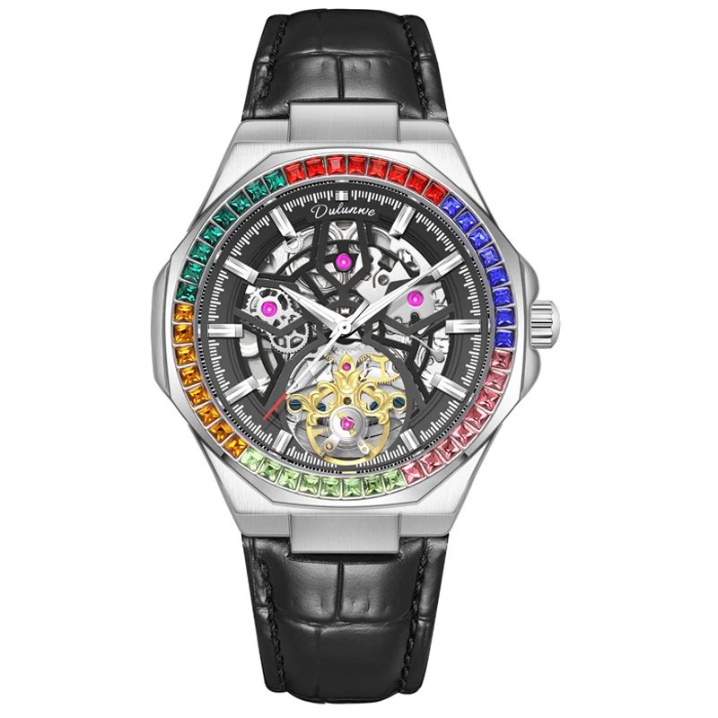 

Роскошные механические часы с турбийоном, цвета радуги, драгоценный камень, скелетон, автоматические механические мужские наручные часы, модные reloj hombre