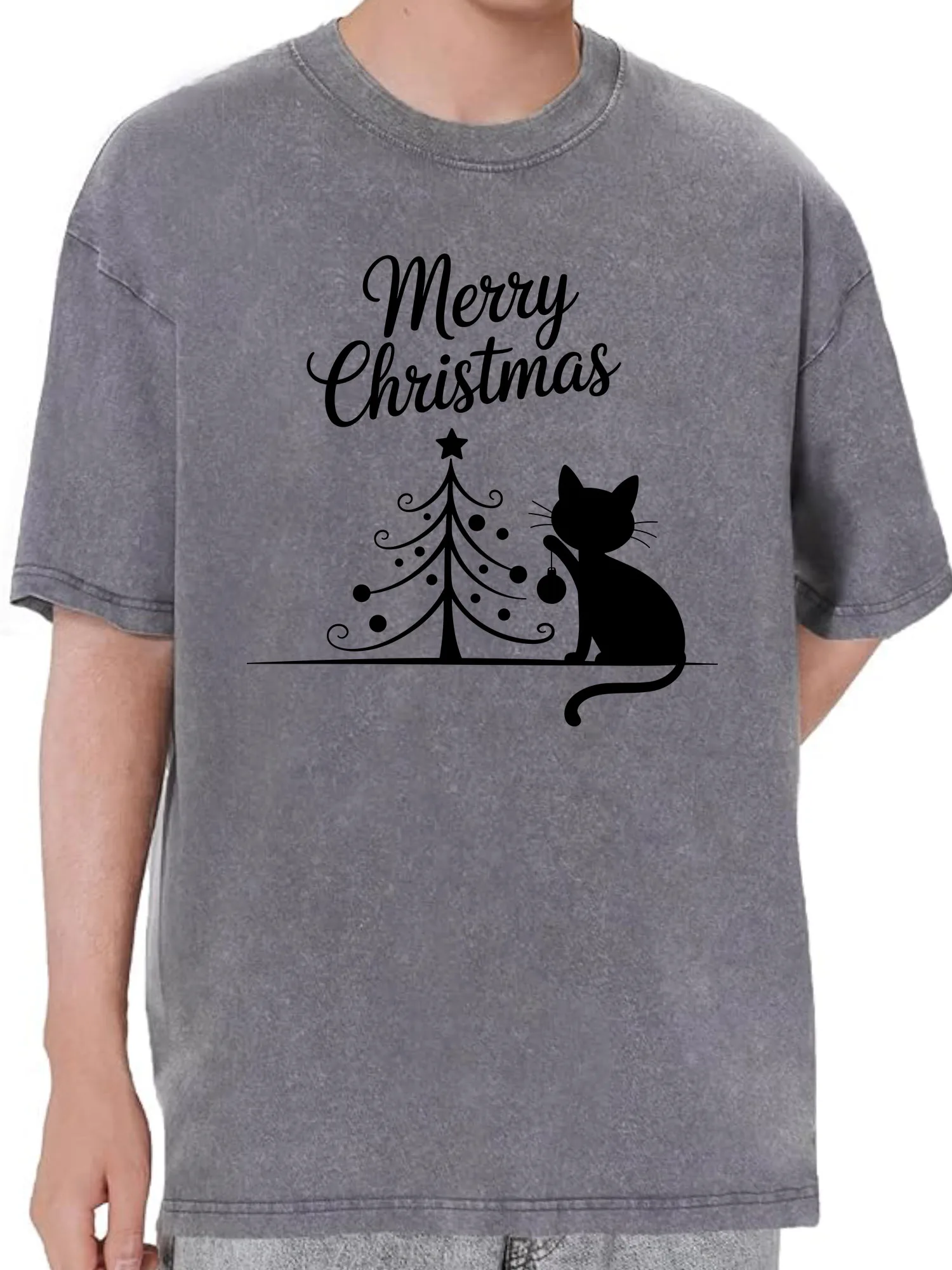 عيد الميلاد القط الأسود 230 جرام القطن الثقيل غسلها المتضخم تي شيرت للرجال مضحك الرسم المحملة الرجعية عارضة أعلى