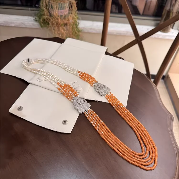 New Natural Pearl With Orange Jade Multi-Layer  Sweater Necklace for Women