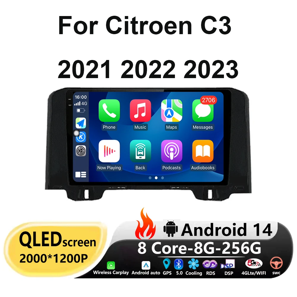 

Автомагнитола Carplay для Citroen C3 20212022 2023 DSP, Android 14, мультимедийный видеоплеер, навигация GPS, головное устройство DSP 4G WIFI