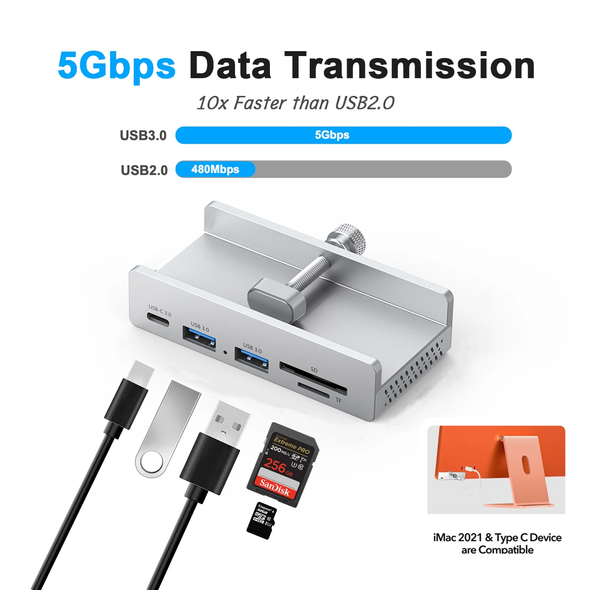 Space Saving USB Hub, Monitor Clip Design 10Gbps, Aluminum 4-Port USB C & A Hub for TikTok Setup 4A/4C/3A1C/2A2C/2A1CTS