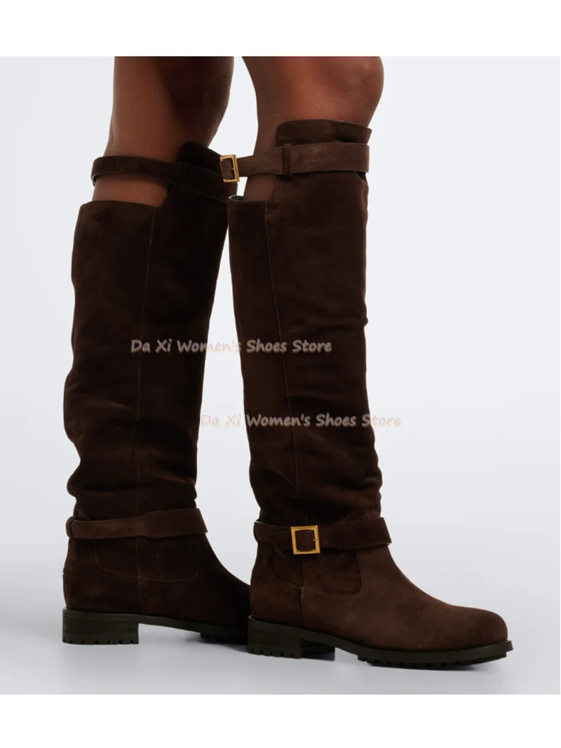 Dark Brown Paired With Gold Belt Buckle Strappy Detailing Knee-High Boots Round-Toe Low Heel Cut-Out Design Knight Tall Boots