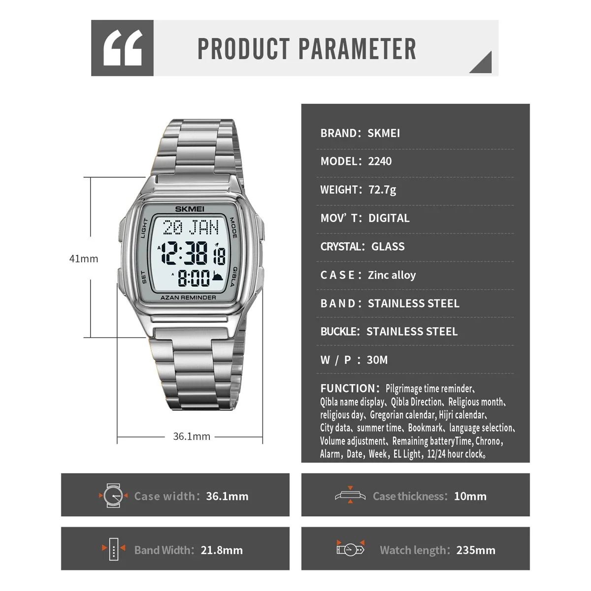 SKMEI 2240, мужские цифровые часы, часы со светодиодным дисплеем, часы с пилографией, напоминание о времени, функция направления, наручные часы для женщин