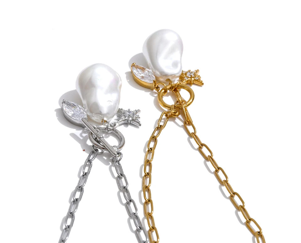 Yhpup Edelstahl-Halskette mit Zirkonia-Barockperlen für Damen, einzigartiger, schicker Halsschmuck, empfehlenswert – Detail 2