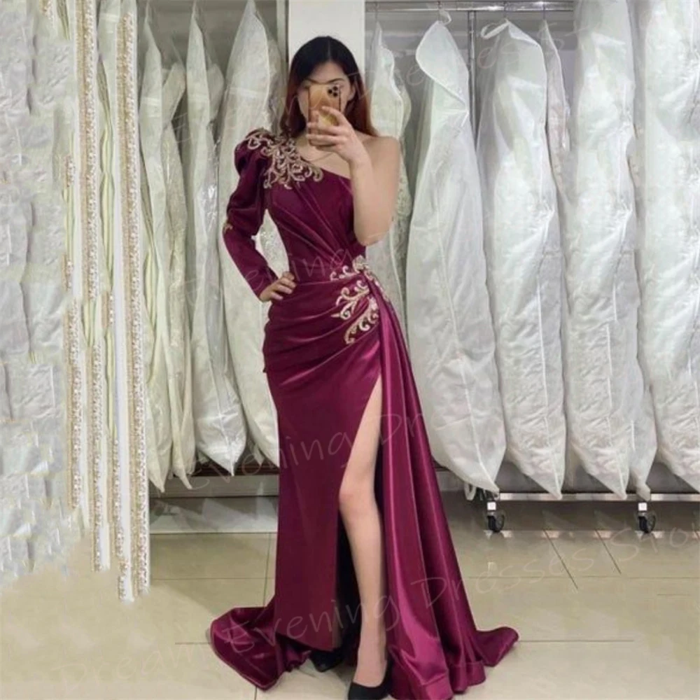 Elegant Mermaid Classic Women's Evening Dresses Sexy One Shoulder Prom Gowns High Side Split Appliques Pleated Vestido De Noche