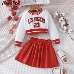 MiniFox Girls Tracksuit Sets For Kids Crop Sweatshirt Los Angekes Top and Red Leather Skirts Children's Clothing Girls Outfits