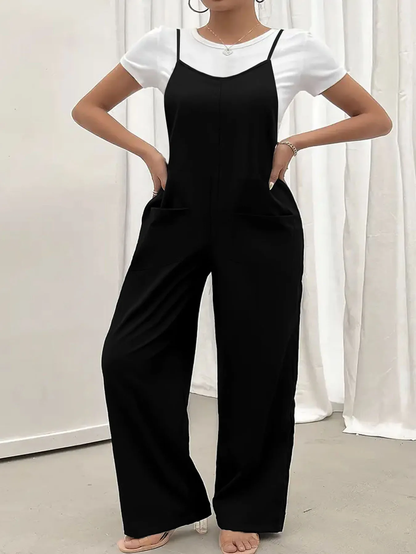 

New summer solid color casual temperament commuter pocket trousers suspender jumpsuits women's clothing