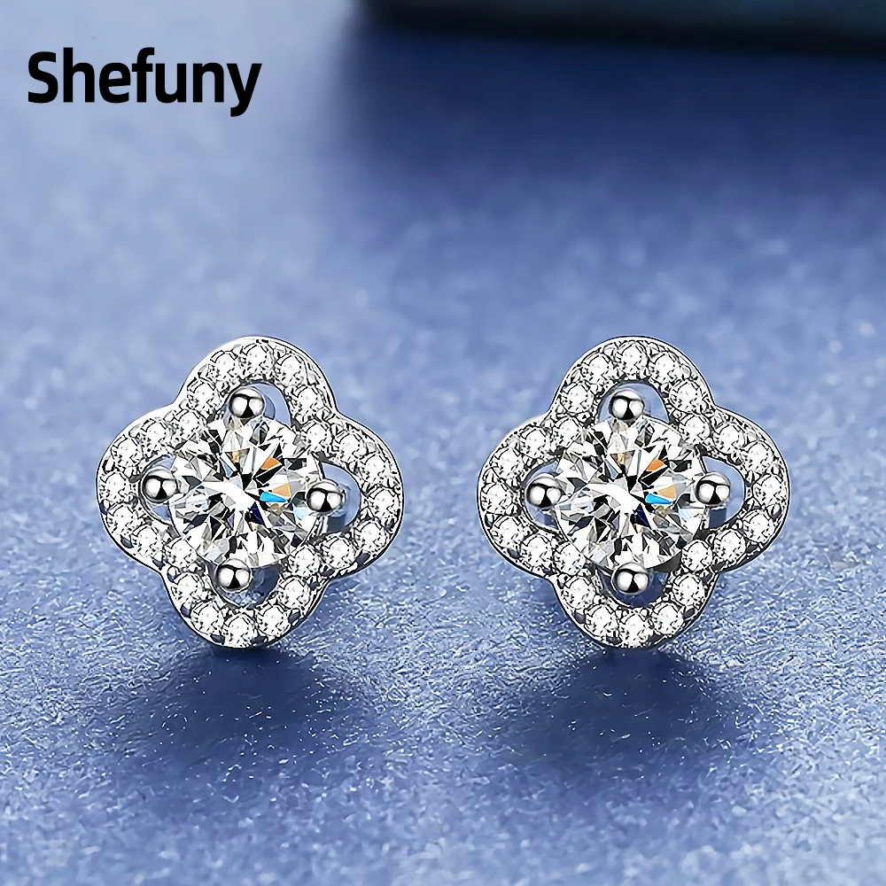 

925 Sterling Silver Lucky Flower Stud Earrings Round Clear White Cubic Zirconia Plant Earrings For Women Fine Jewelry Party Gift