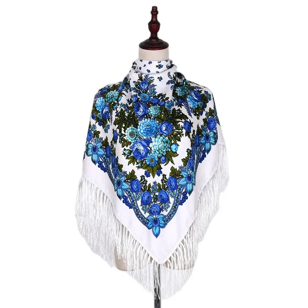 Russian Scarf Shawls Women Fringed Square Bandana Muslim Headscarf Hijab National Floral Blanket Scarves 110x110cm