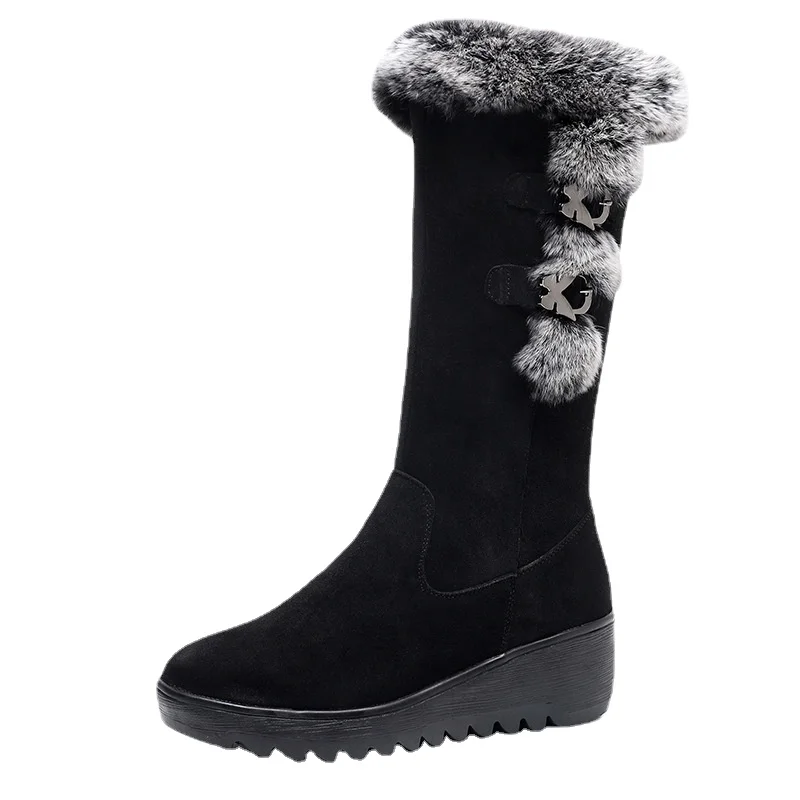 ZXRYXGS 2024 New Premium Frosted Cowhide Rabbit Fur Decorative Snow Boots Women's Mid Tube Fashionable Boots Wedges Large Size