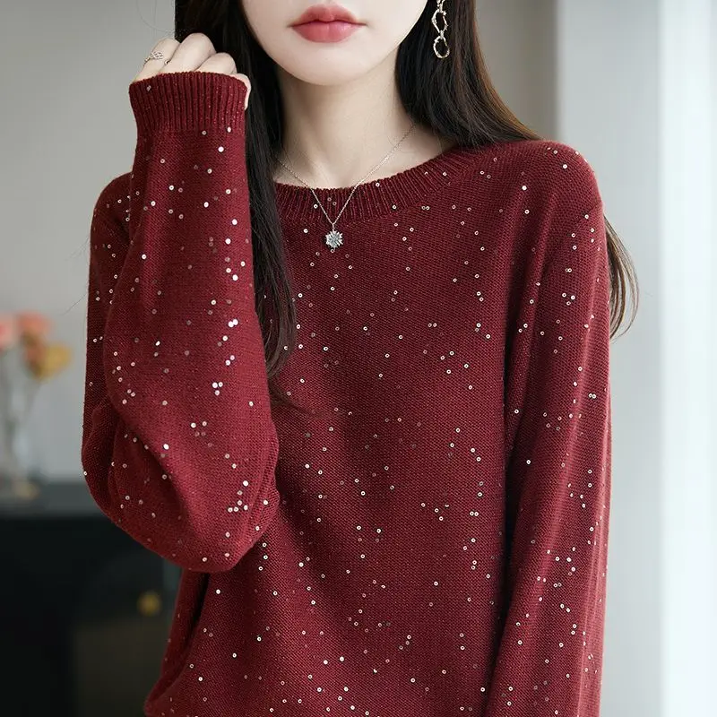 Women Fashion Sequin Starry Knit Sweater Spring Autumn Crew Neck Loose Long Sleeve Layering Tops S-3XL