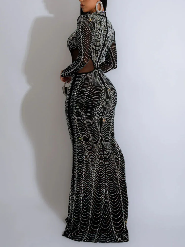 Sukienka damska, seksowna, jednolita, z długim rękawem, prześwitująca, z siateczki, zdobiona cyrkoniami, długa do podłogi, na imprezę.