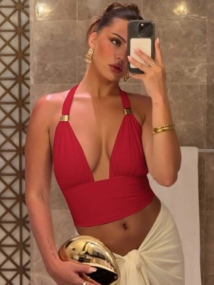 

Woman Clothing Halter Neck Bandage Corset Sexy Backless Metal Decoration Crop Tops Female Sleeveless T-shirt Tunics Camisoles