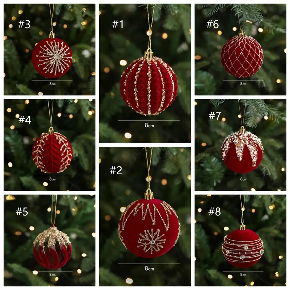 8cm Velvet Christmas Ball Pendant Flocked Glitter Christmas Hanging Balls Set Shatterproof Reusable Xmas Tree Ornaments