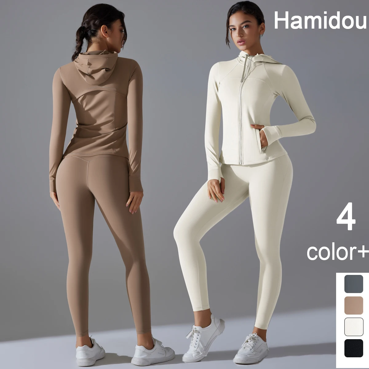 

Zipper Jacket Hooded Yoga Pants Set Woman Sports Fitness Clothing Solid Color Outdoor Running Workout Quick Drying Yoga Pants