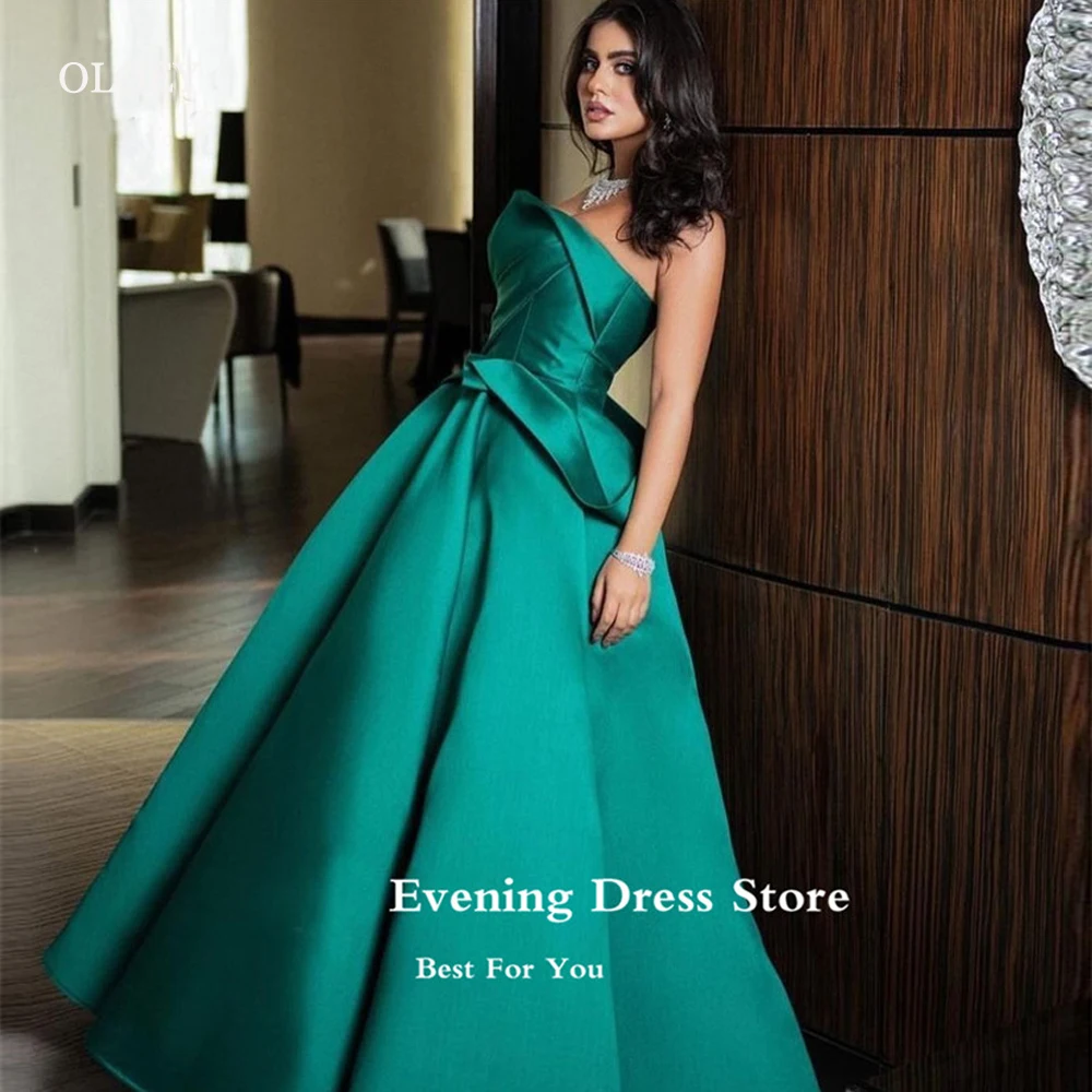 

OLOEY Elegant Hunter Green Satin ALine Long Evening Dresses Dubai Arabic Women Prom Gowns Formal Occasion Party Dress Vestidos