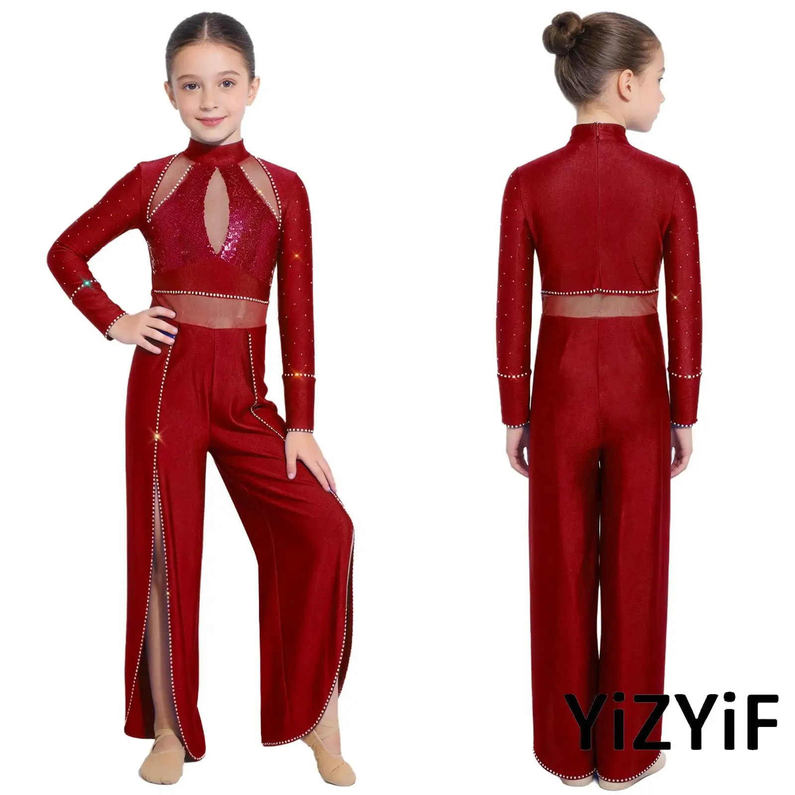 

Kids Lyrical Jazz Dancewear Girls Ballet Dance Bodysuit Unitard Neck Long Sleeve Rhinestone Sequins Mesh Split Wide Leg Jumpsuit