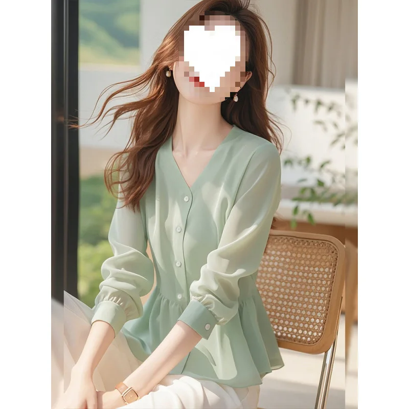 

Green Beautiful V-Neck Women's Summer Autumn Gentle Korean Style Small Shirt Fairy Atmosphere Quality Top Urban Style Long Sl...