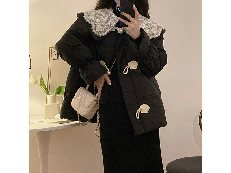 معطف قطني فضفاض بأكمام طويلة جديد لعام 2025 مع تصميم بياقة دمية من الدانتيل للنساء في الشتاء #2