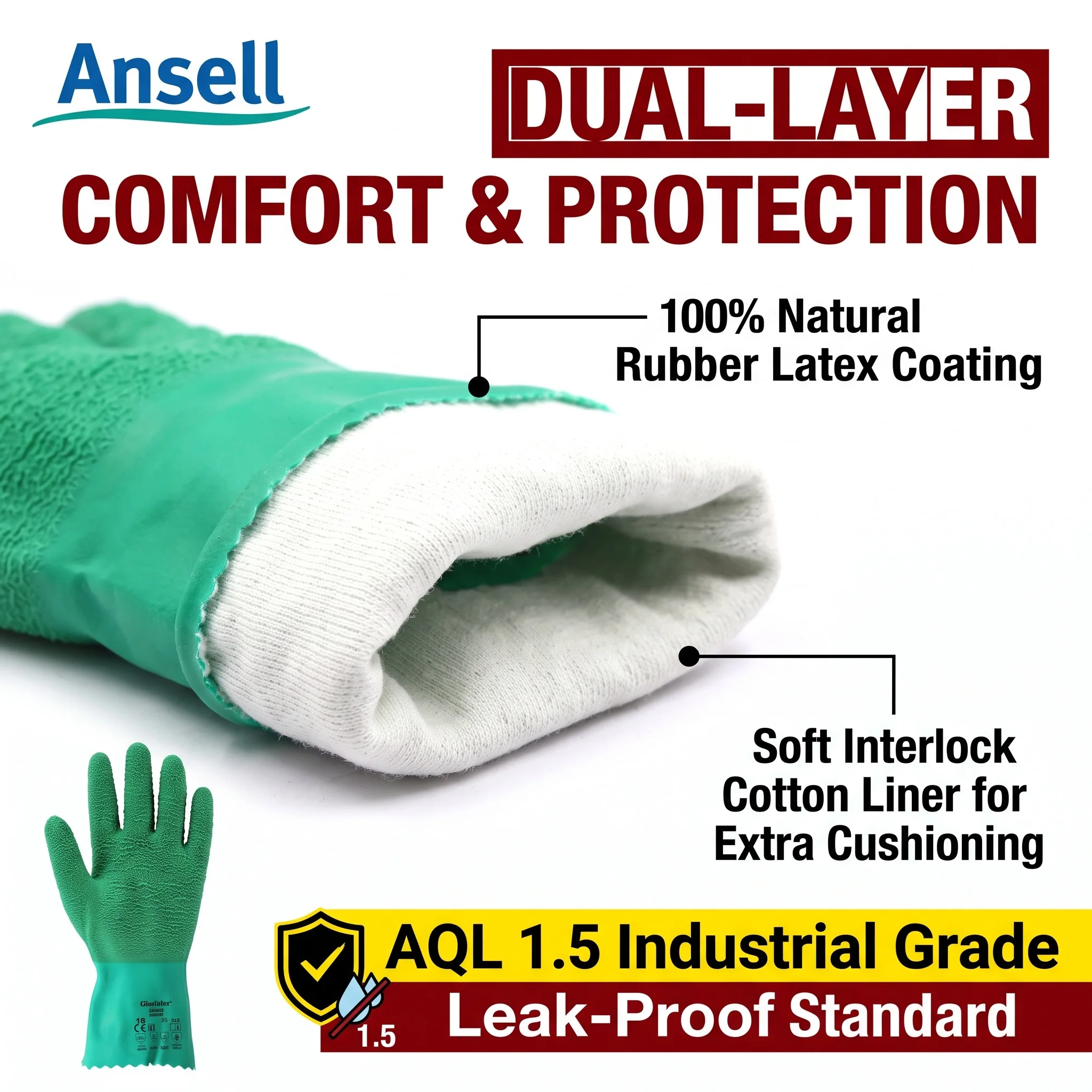 Ansell 16-650 Chemical Resistant Gloves Heavy Duty Natural Rubber Latex Work Gloves Waterproof Long Rubber Safety Equipment PPE