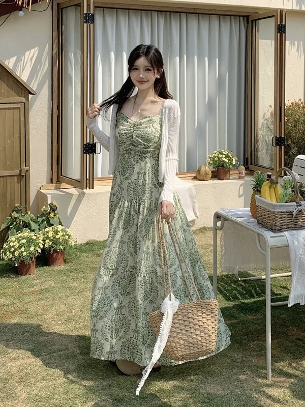 

plus Size Floral Print A-Line Dr Women's Summer Vaion Sle Belted Waist Long Sve Maxi Dr Korean Sle Commute