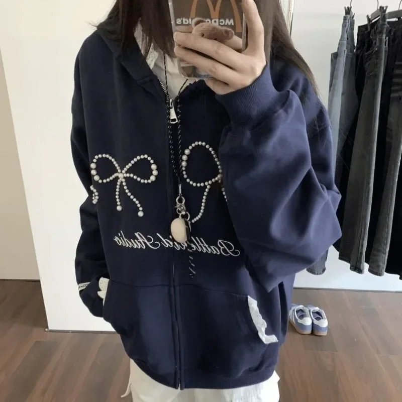 Korean Fashion Striped Sweatshirt Hoodies Jacket Embroidery Sweet Bow Graphic Oversize Streetwear Casual Y2k Top Winter Autumn