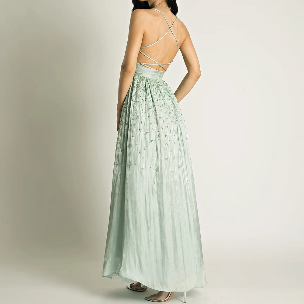 Customized Chiffon A-Line Spaghetti Straps Crystal and Sequined Evening Dress V-Neck Sleeveless Floor Length Sweep Train Sexy