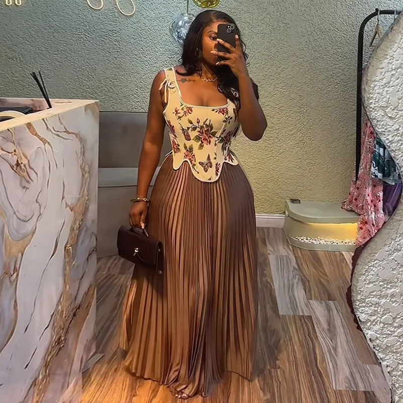 

Women Elegant Two Piece Set Square Collar Sleeveless Tank Printed Top Pleated Skirt Africa Evening Party Wedding Guest Occasions