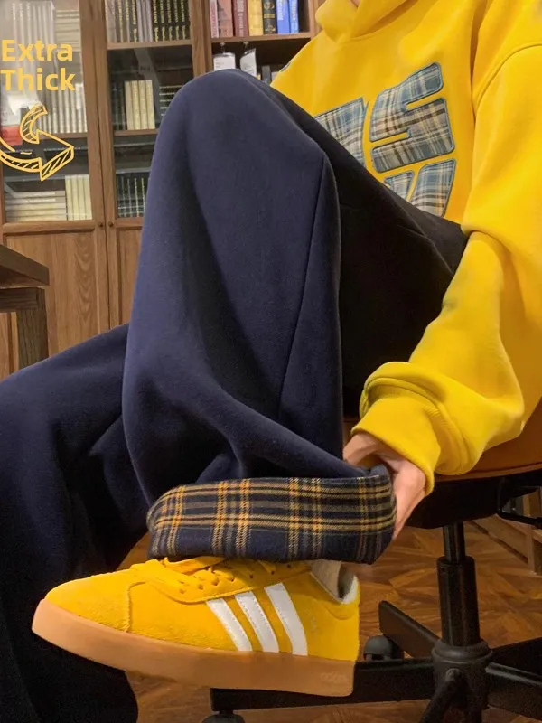 

Heavyweight Fce Lined Wide Leg Straight Cut Sports Pants Men's Autumn Winter Plaid Cuffed American Retro Trousers