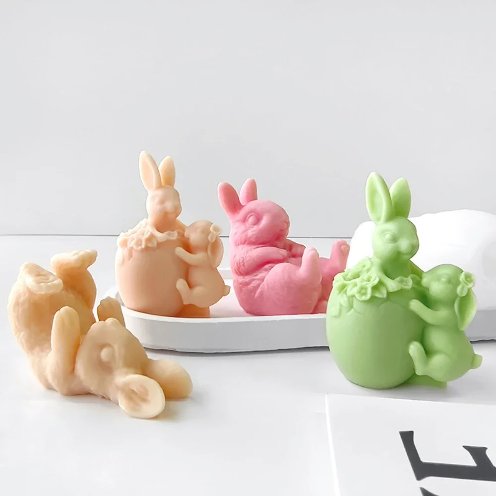 Multi Style Easter Egg Rabbit Candle Silicone Moulds 3D Lily Bunny Mommy Resin Gypsum Molds Animal Flower Soap Gifts Party Decor