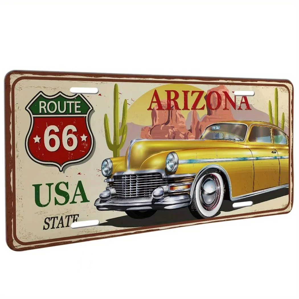 Vintage Route 66 Arizona Desert Scene License Plate Cover - 15.24x30.48 cm Aluminum Car Decal with Retro Car & Cactus Design, Pe